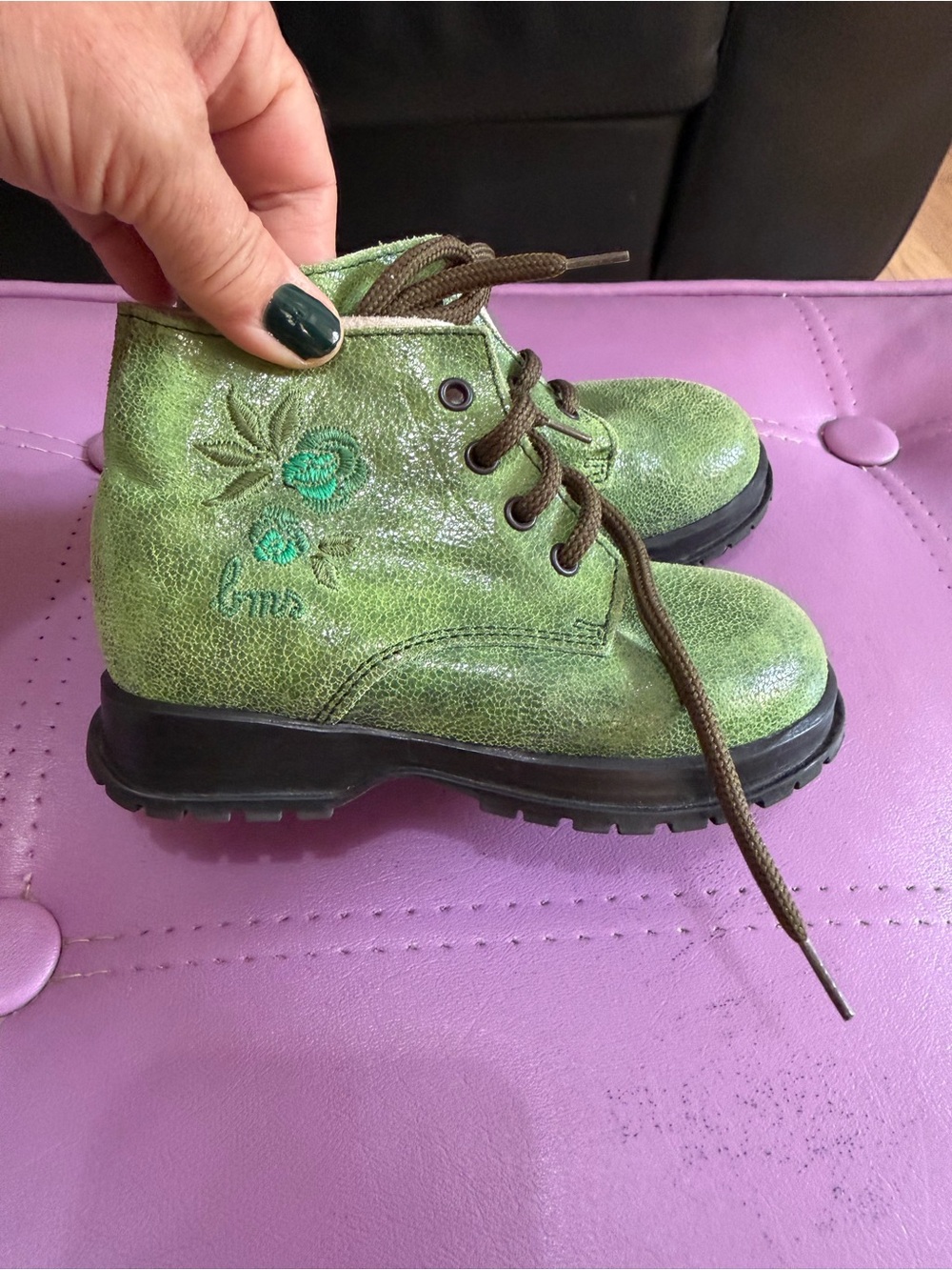 Girls Green Lace-Up Ankle Boots with Embroidered Floral Detail